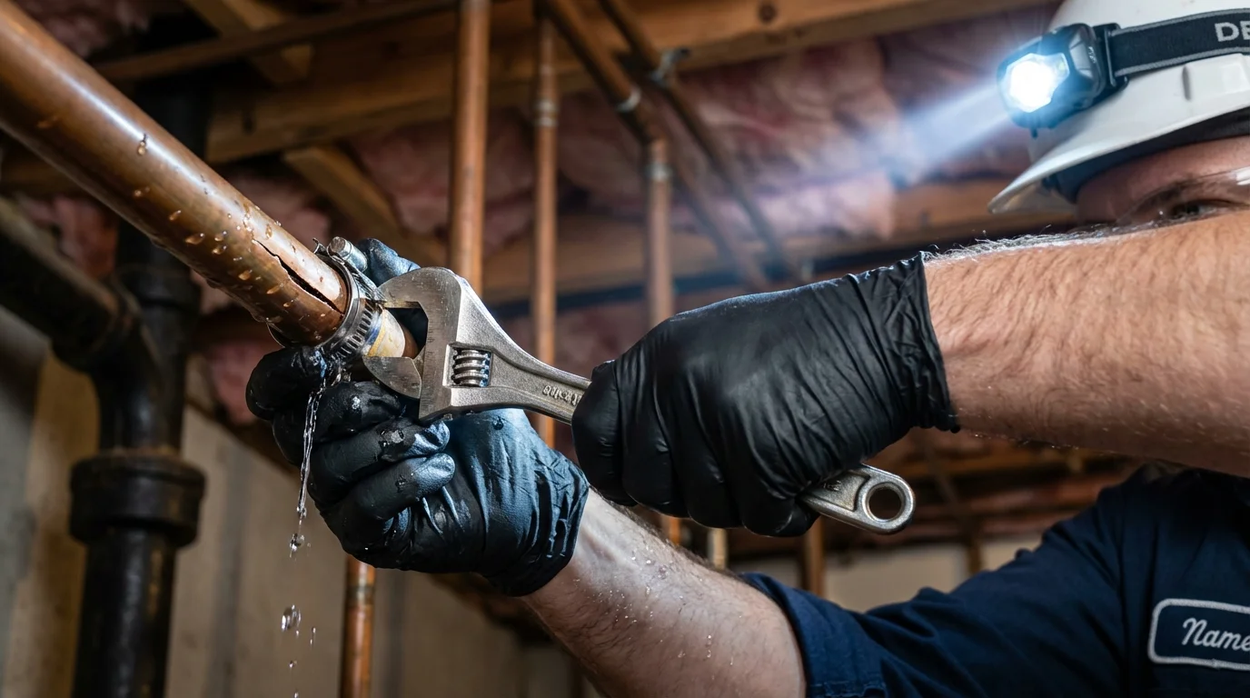 Emergency pipe clamp repair being performed by a Johns Plumbing LLC plumber in Judsonia