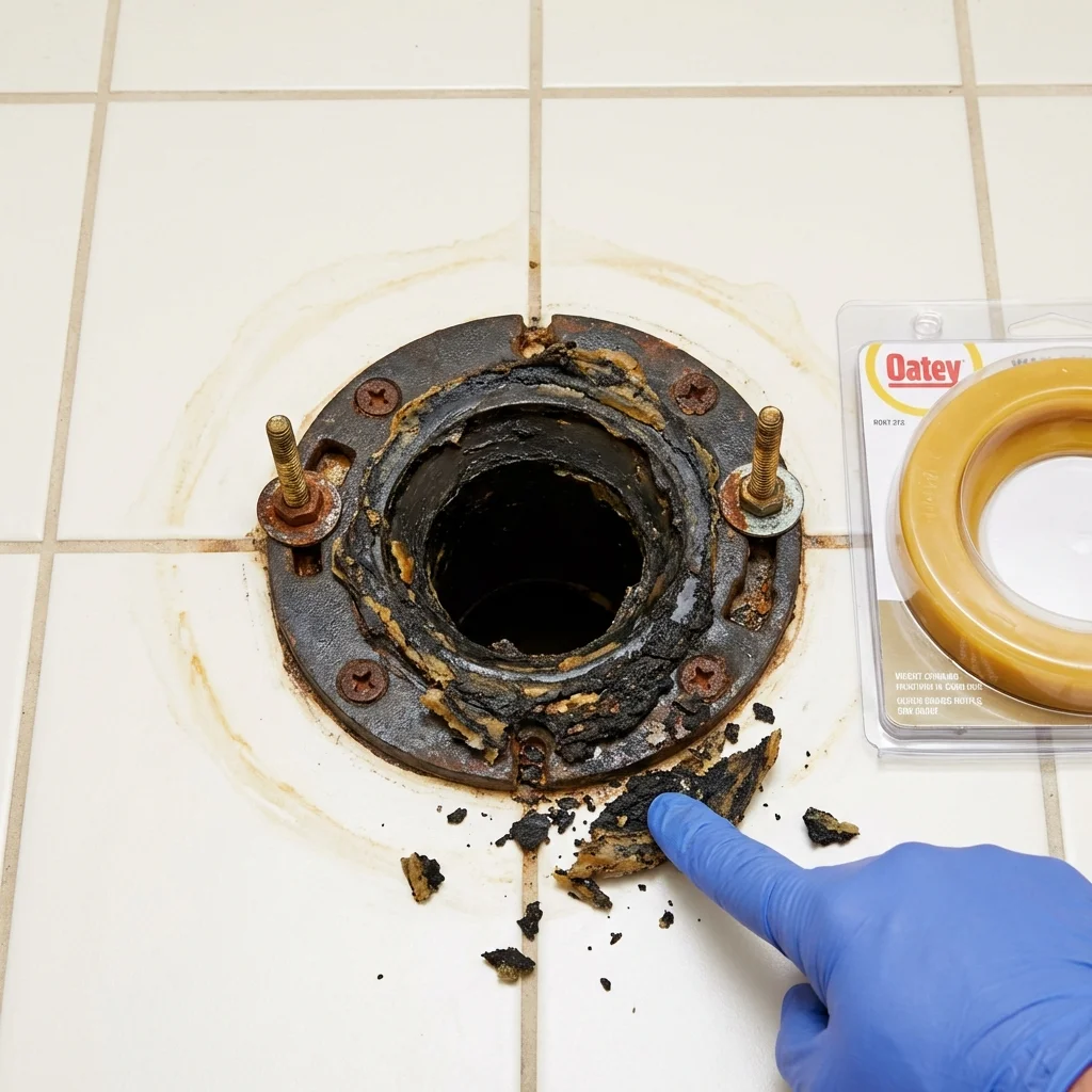Failed wax ring showing water seepage at the base of a toilet in a Judsonia, AR home
