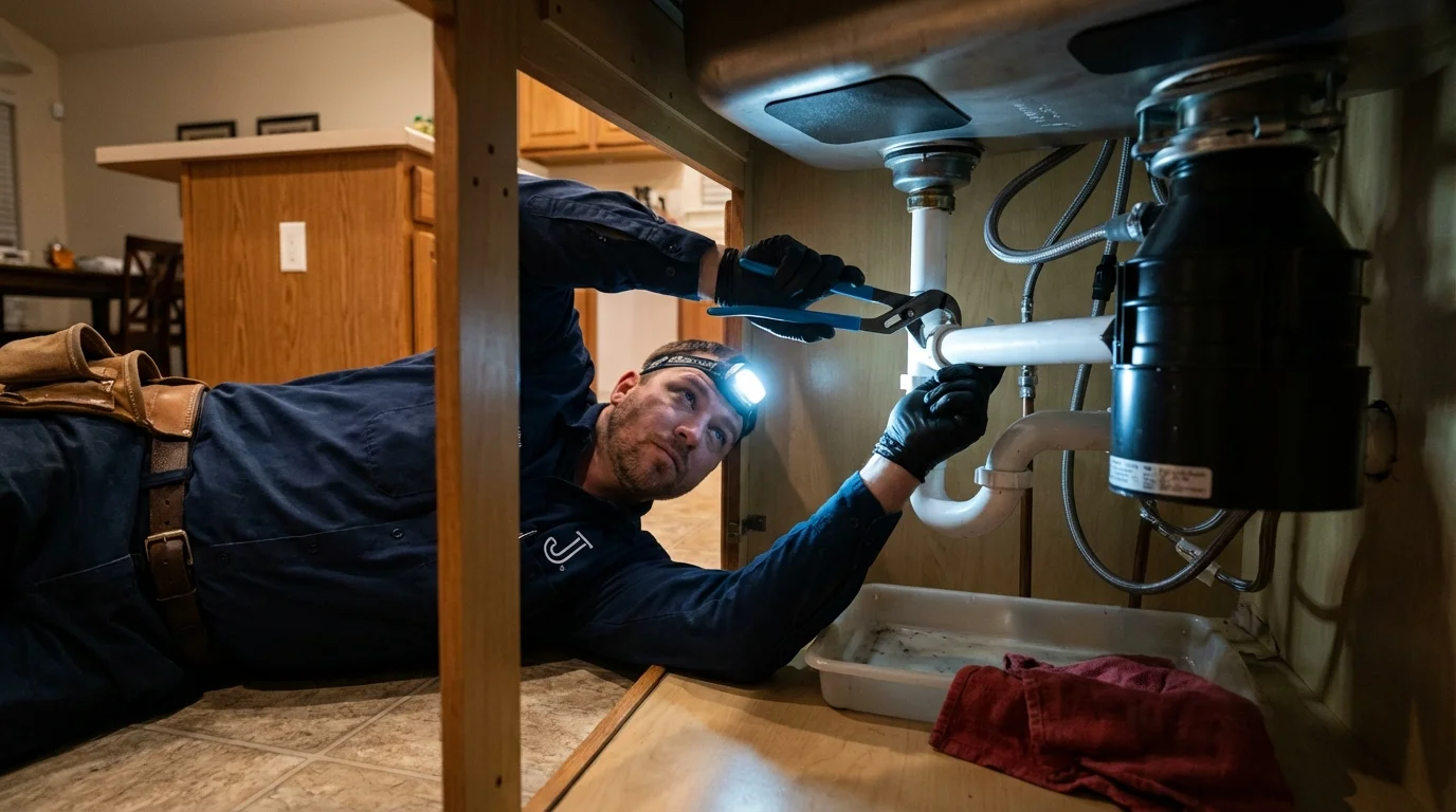 P-trap and supply line connections under a kitchen sink showing a common leak point in Judsonia, AR